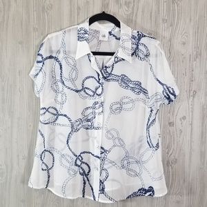 CAbi Boating Button Down Sheer Blouse Navy White S